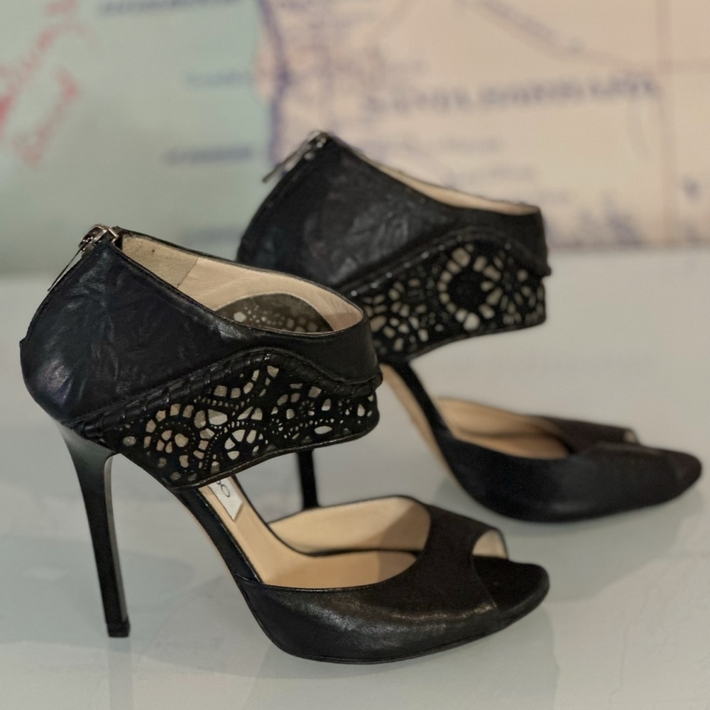 JIMMY CHOO Laser Cut Leather & Suede Open-Toe Bootie - US 5 - Black